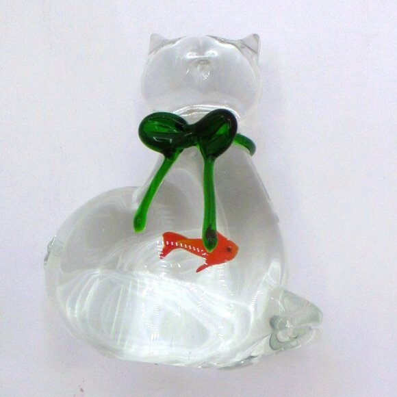 Glass Cat Figurine With Green Bow Orange Fish Encased Inside -Bubbles Unique  I - Picture 2 of 5